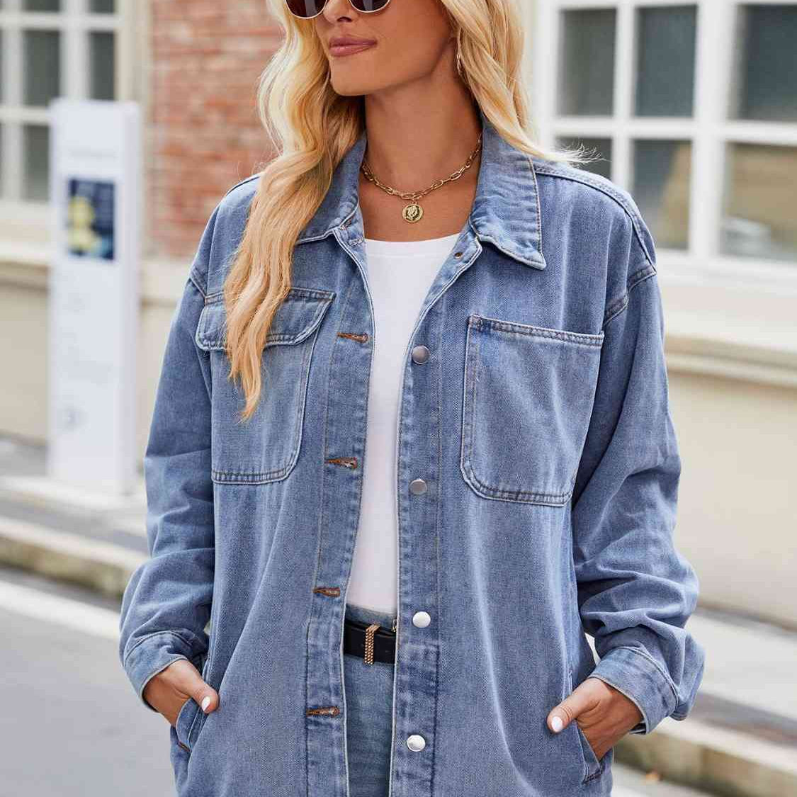 Button Up Denim Jacket with Pockets - Guy Christopher