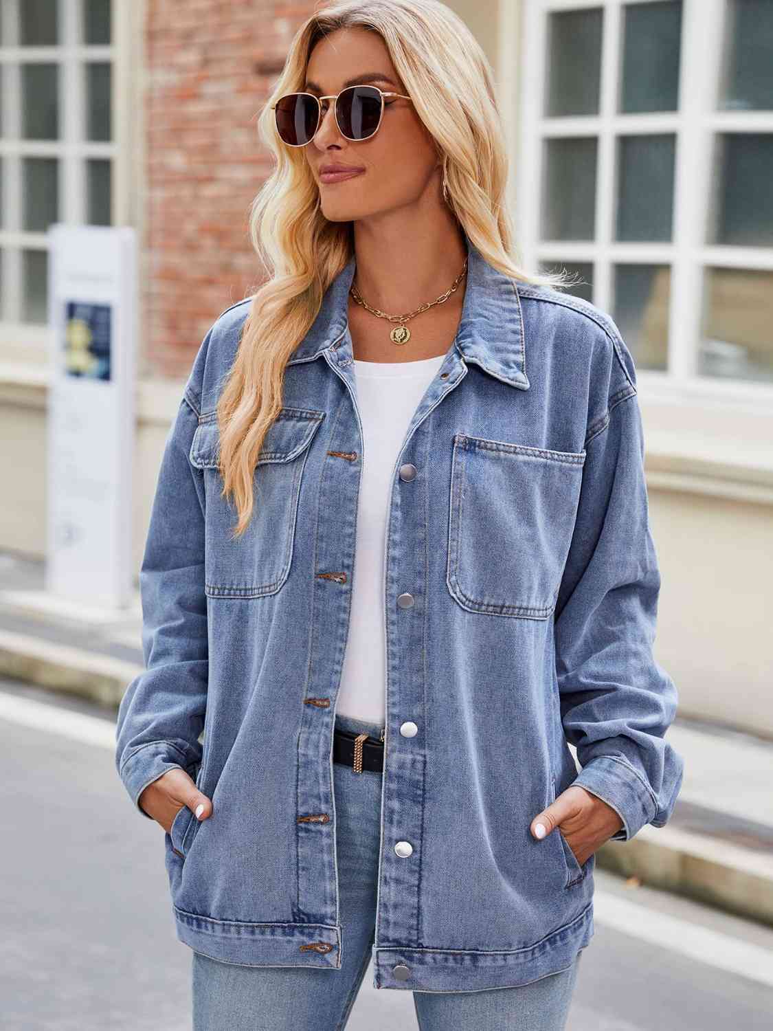 Button Up Denim Jacket with Pockets - Guy Christopher