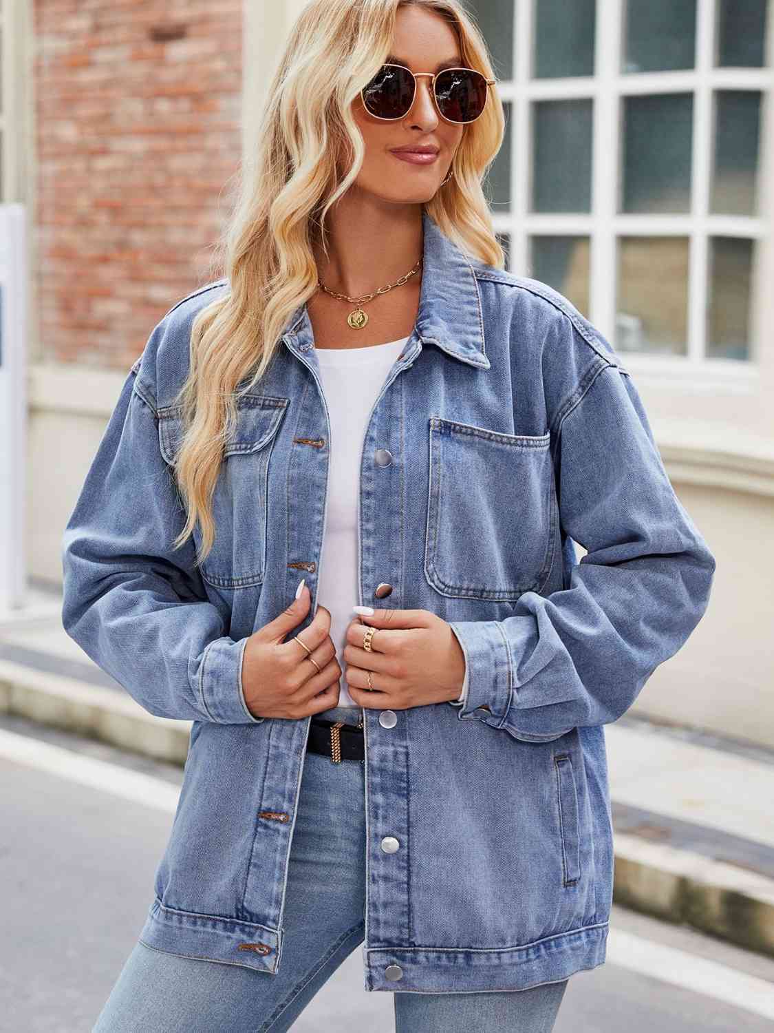 Button Up Denim Jacket with Pockets - Guy Christopher