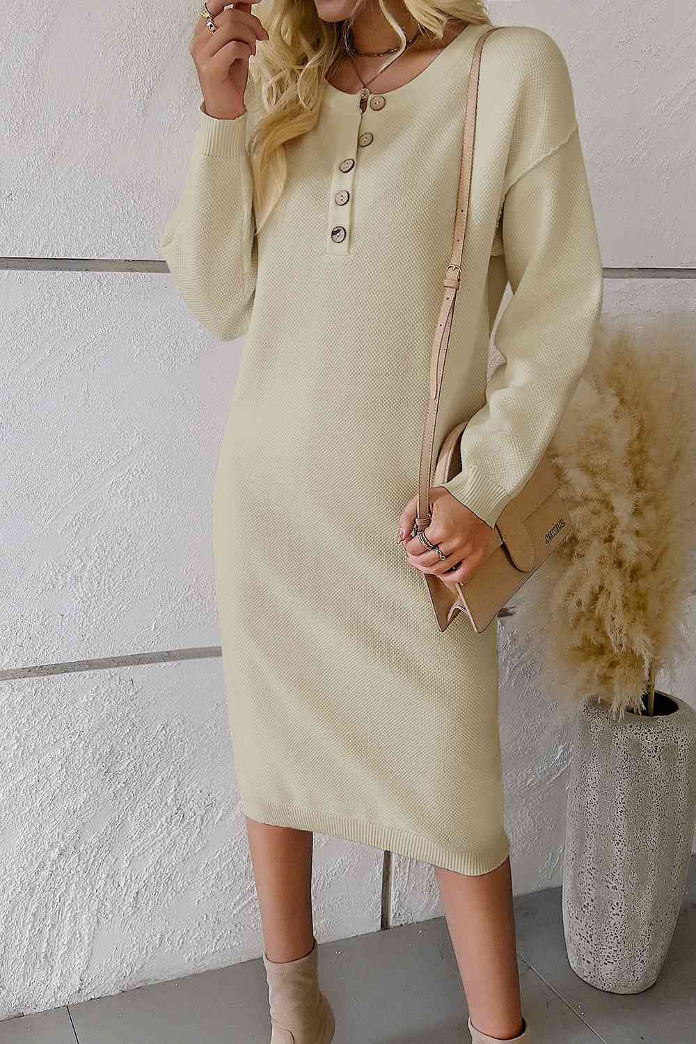 Buttoned Drop Shoulder Dress - Guy Christopher