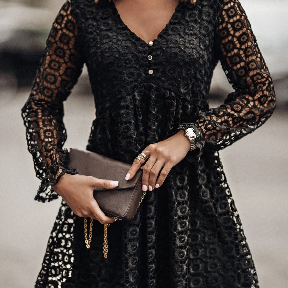 Buttoned Empire Waist Lace Dress - Guy Christopher