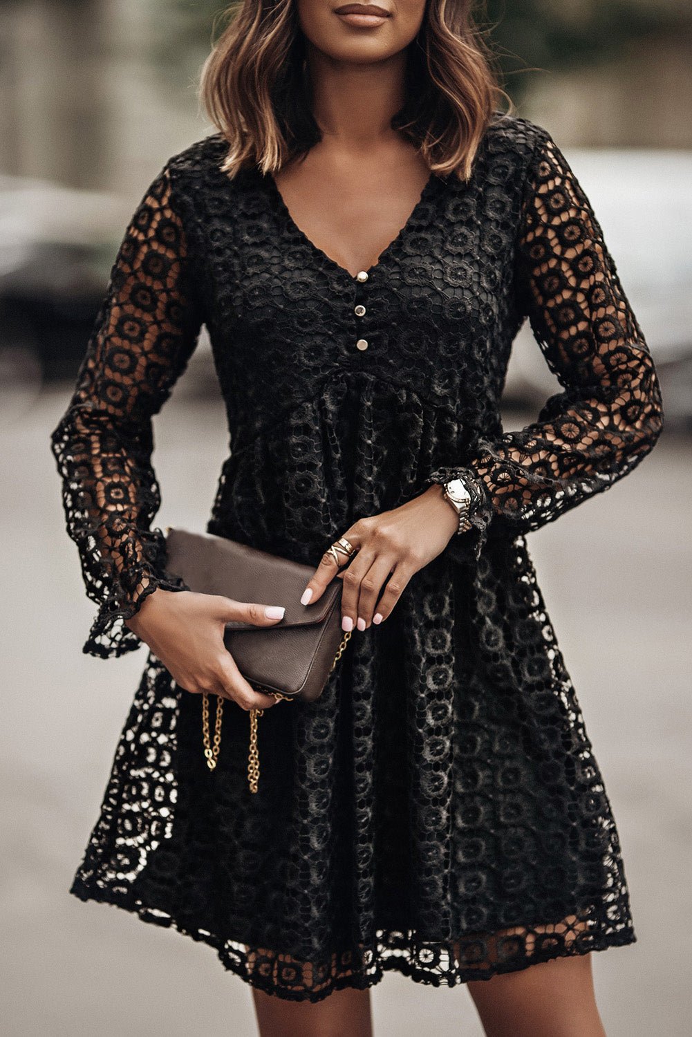 Buttoned Empire Waist Lace Dress - Guy Christopher