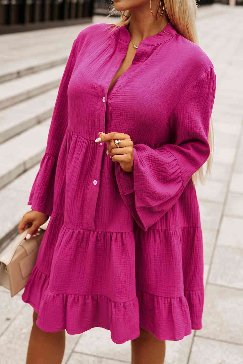 Buttoned Flare Sleeve Tiered Dress - Guy Christopher