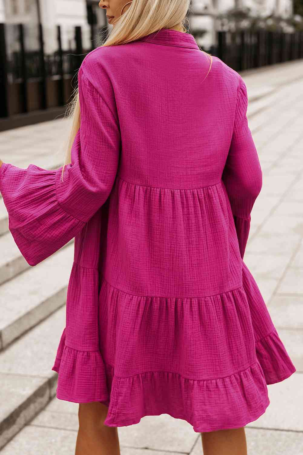 Buttoned Flare Sleeve Tiered Dress - Guy Christopher