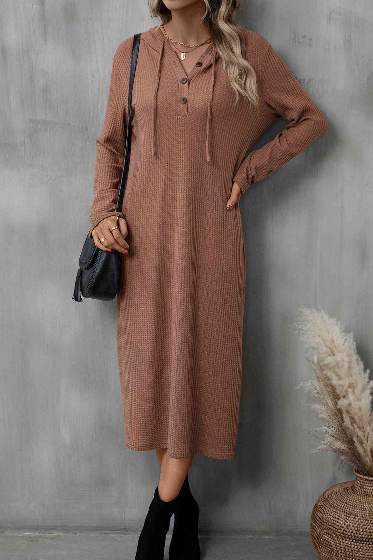 Buttoned Long Sleeve Hooded Dress - Guy Christopher