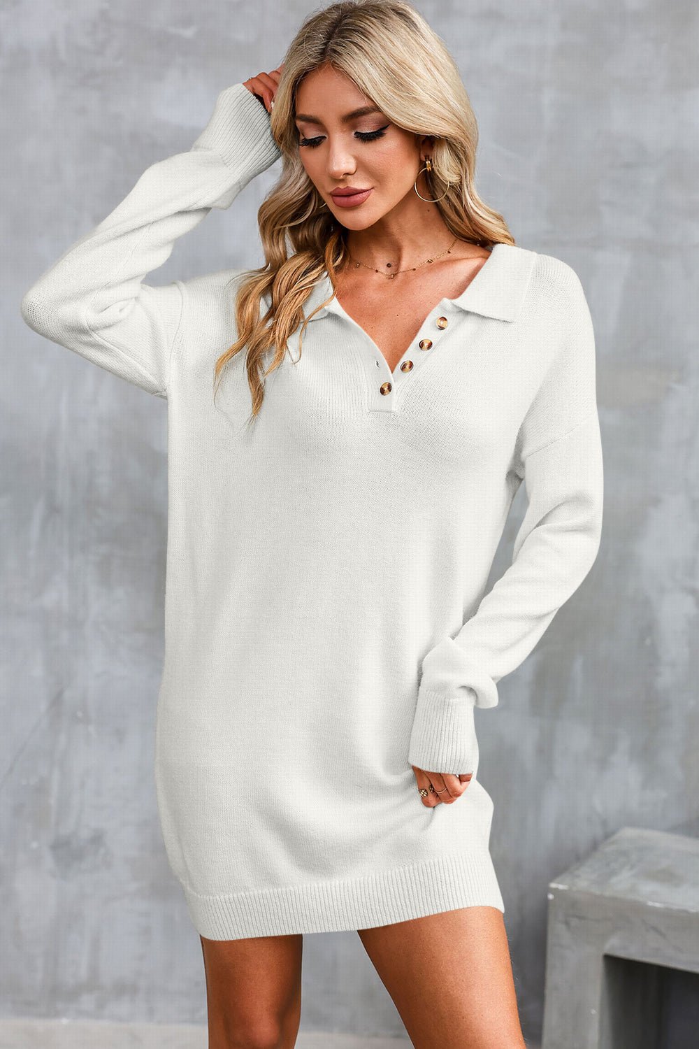 Buttoned Long Sleeve Sweater Dress - Guy Christopher