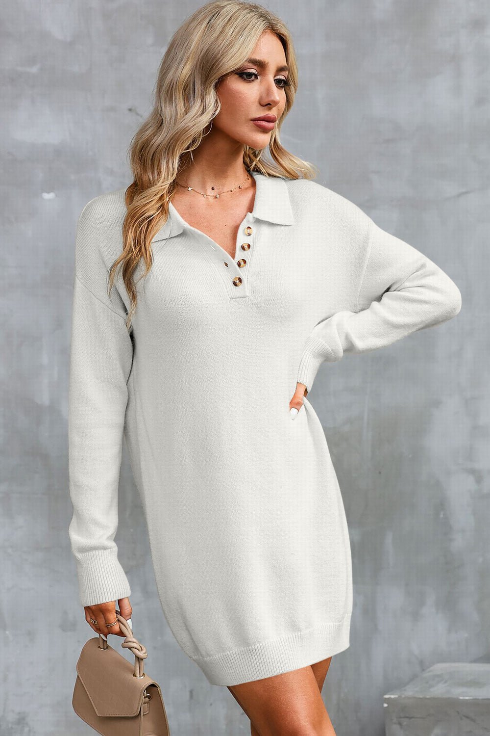 Buttoned Long Sleeve Sweater Dress - Guy Christopher