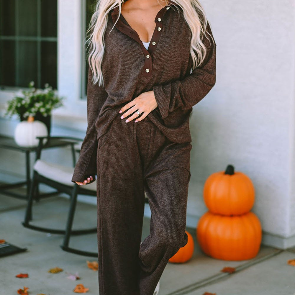 Buttoned Long Sleeve Top and Long Pants Lounge Set - Guy Christopher