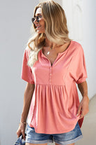 Buttoned Notched Neck Short Sleeve Top - Guy Christopher