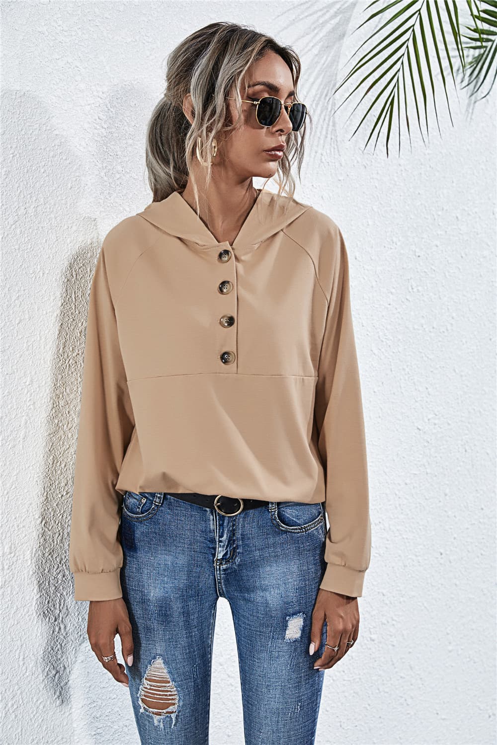 Buttoned Raglan Sleeve Hooded Blouse - Guy Christopher