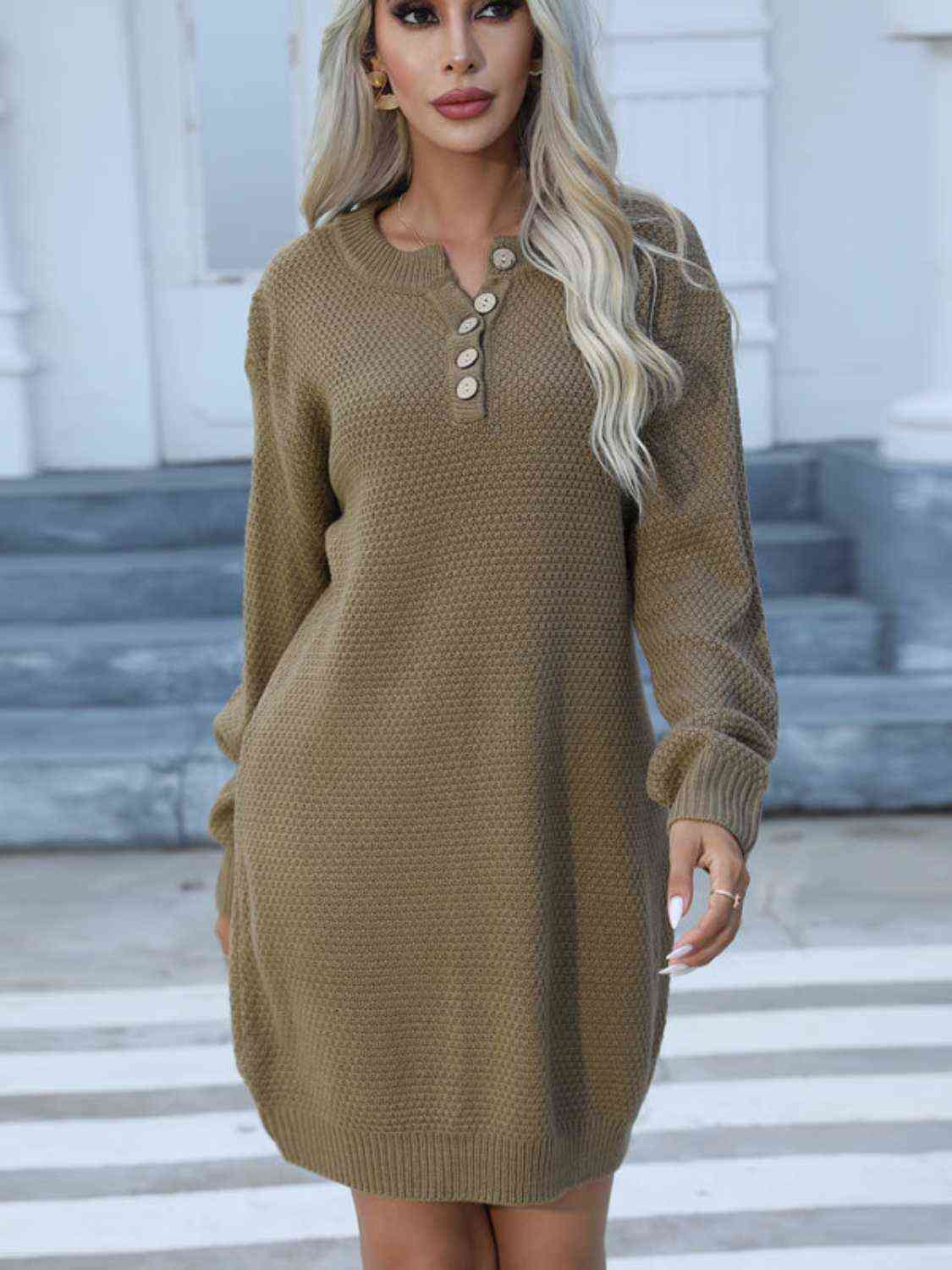 Buttoned Round Neck Long Sleeve Sweater Dress - Guy Christopher