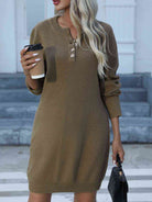 Buttoned Round Neck Long Sleeve Sweater Dress - Guy Christopher