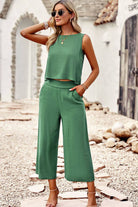 Buttoned Round Neck Tank and Wide Leg Pants Set - Guy Christopher