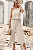 Buttoned Round Neck Tank and Wide Leg Pants Set - Guy Christopher