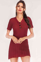 Buttoned Short Sleeve V-Neck Knit Dress - Guy Christopher