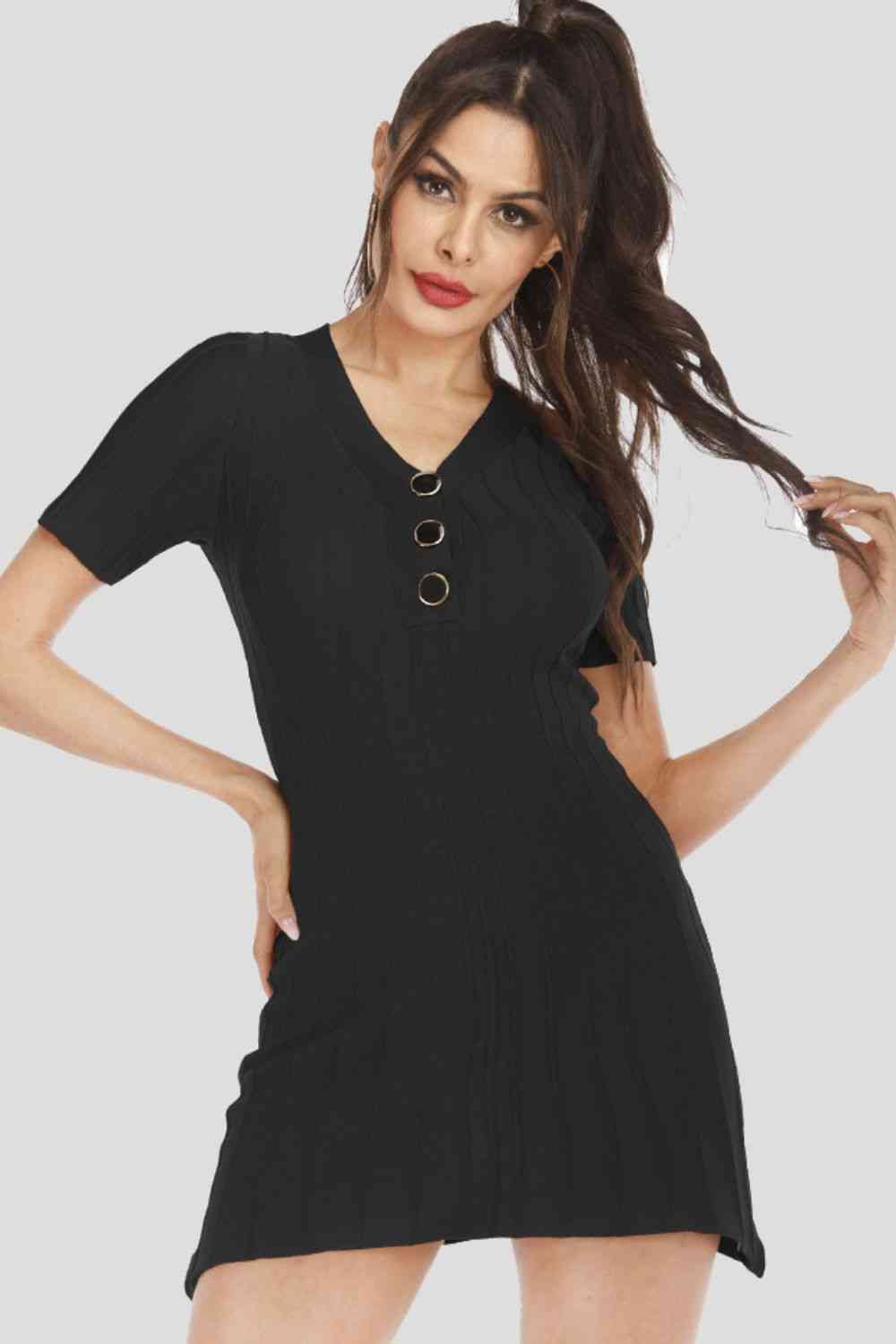 Buttoned Short Sleeve V-Neck Knit Dress - Guy Christopher