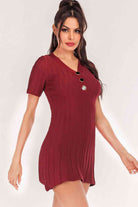 Buttoned Short Sleeve V-Neck Knit Dress - Guy Christopher