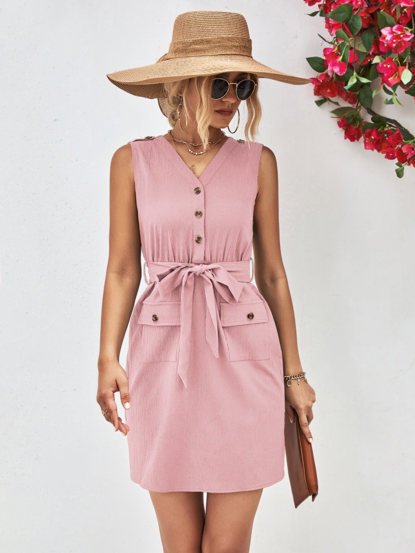 Buttoned V-Neck Belted Sleeveless Dress - Guy Christopher