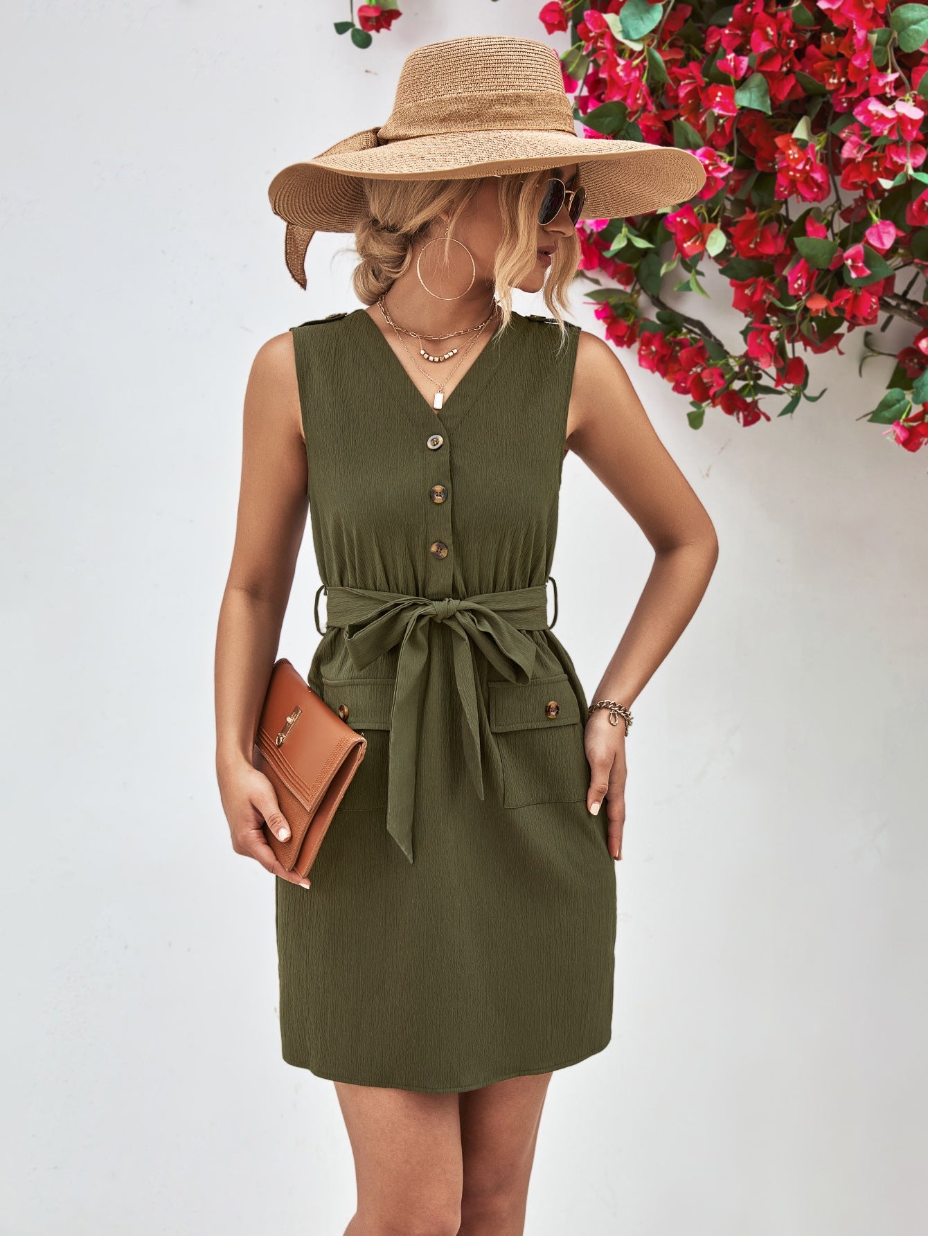 Buttoned V-Neck Belted Sleeveless Dress - Guy Christopher