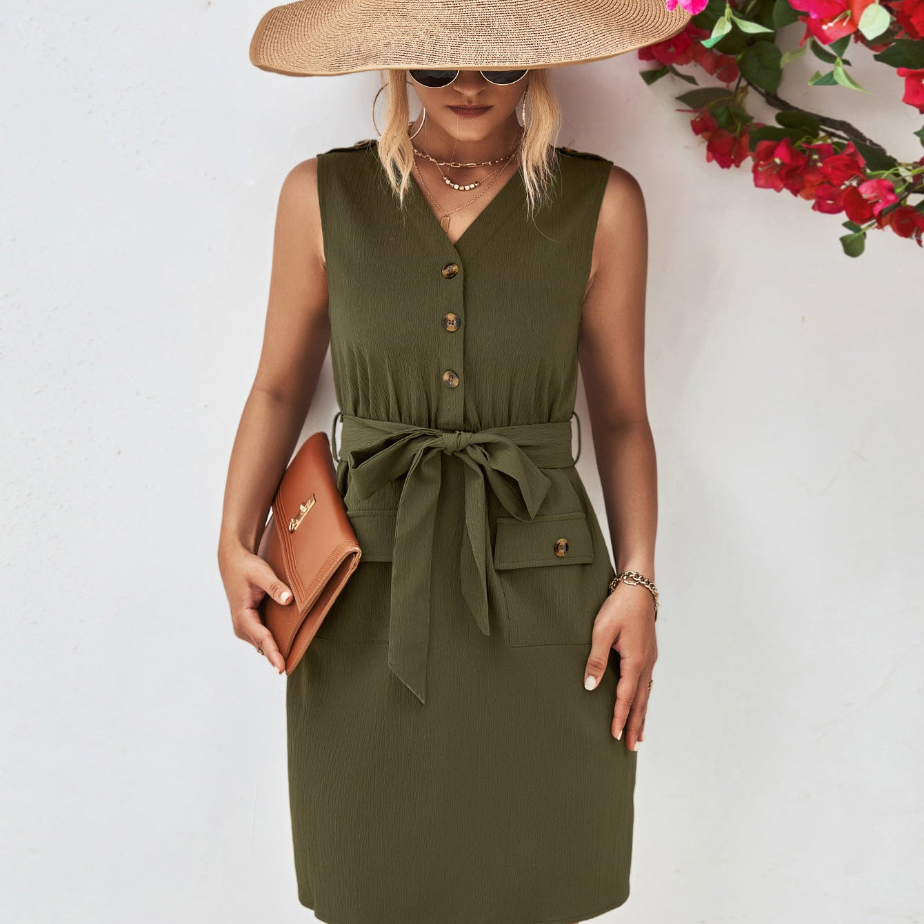 Buttoned V-Neck Belted Sleeveless Dress - Guy Christopher