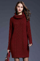 Woven Right Full Size Mixed Knit Cowl Neck Dropped Shoulder Sweater Dress - Guy Christopher 