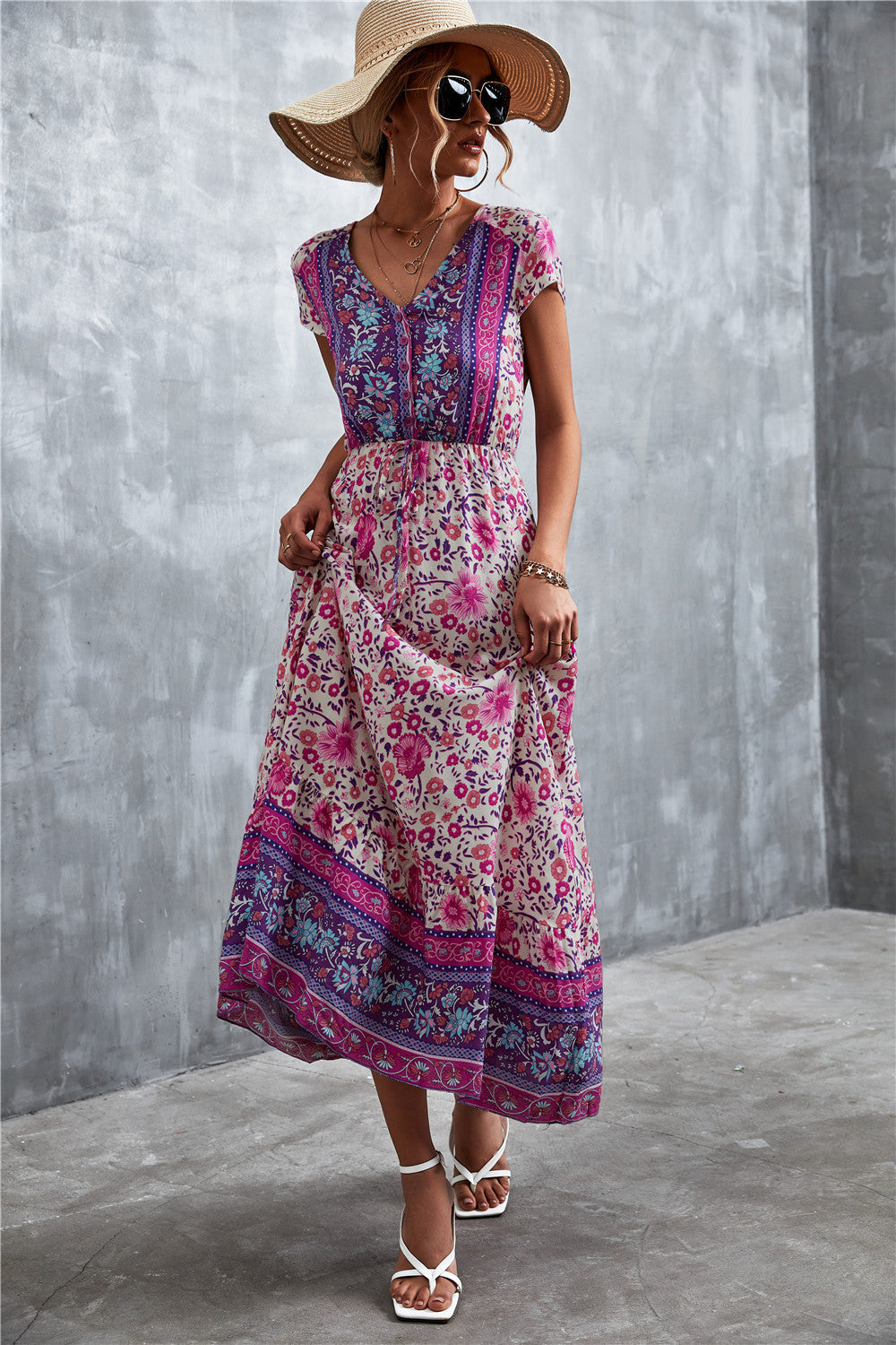 V-Neck Short Sleeve Printed Maxi Dress - Guy Christopher 