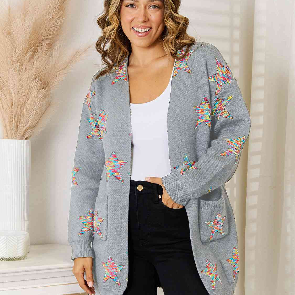Star Pattern Open Front Cardigan with Pockets - Guy Christopher 