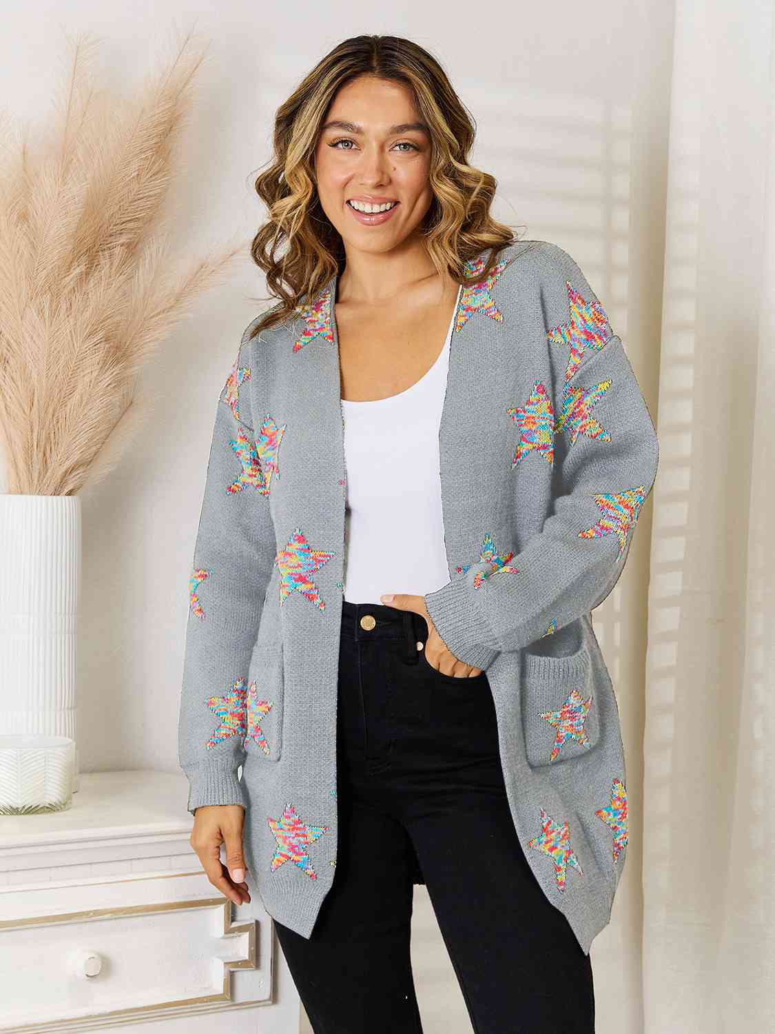 Star Pattern Open Front Cardigan with Pockets - Guy Christopher 