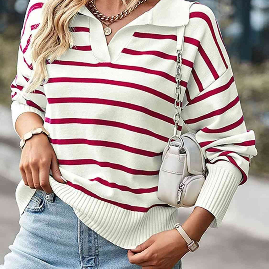 Striped Collared Neck Knit Top - Guy Christopher 