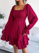 Smocked Flounce Sleeve Square Neck Dress - Guy Christopher 