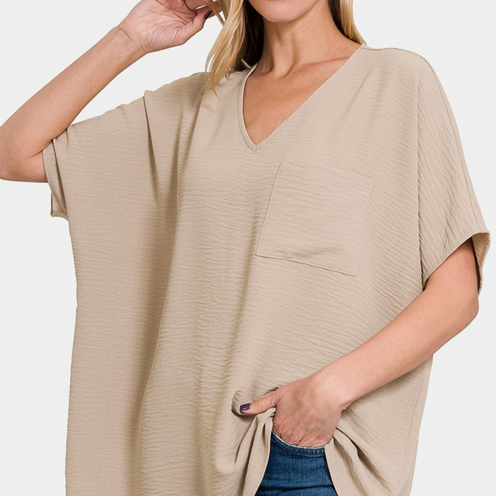 Zenana Full Size Texture V-Neck Short Sleeve Top