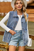 Sleeveless Collared Neck Denim Top with Pockets - Guy Christopher 