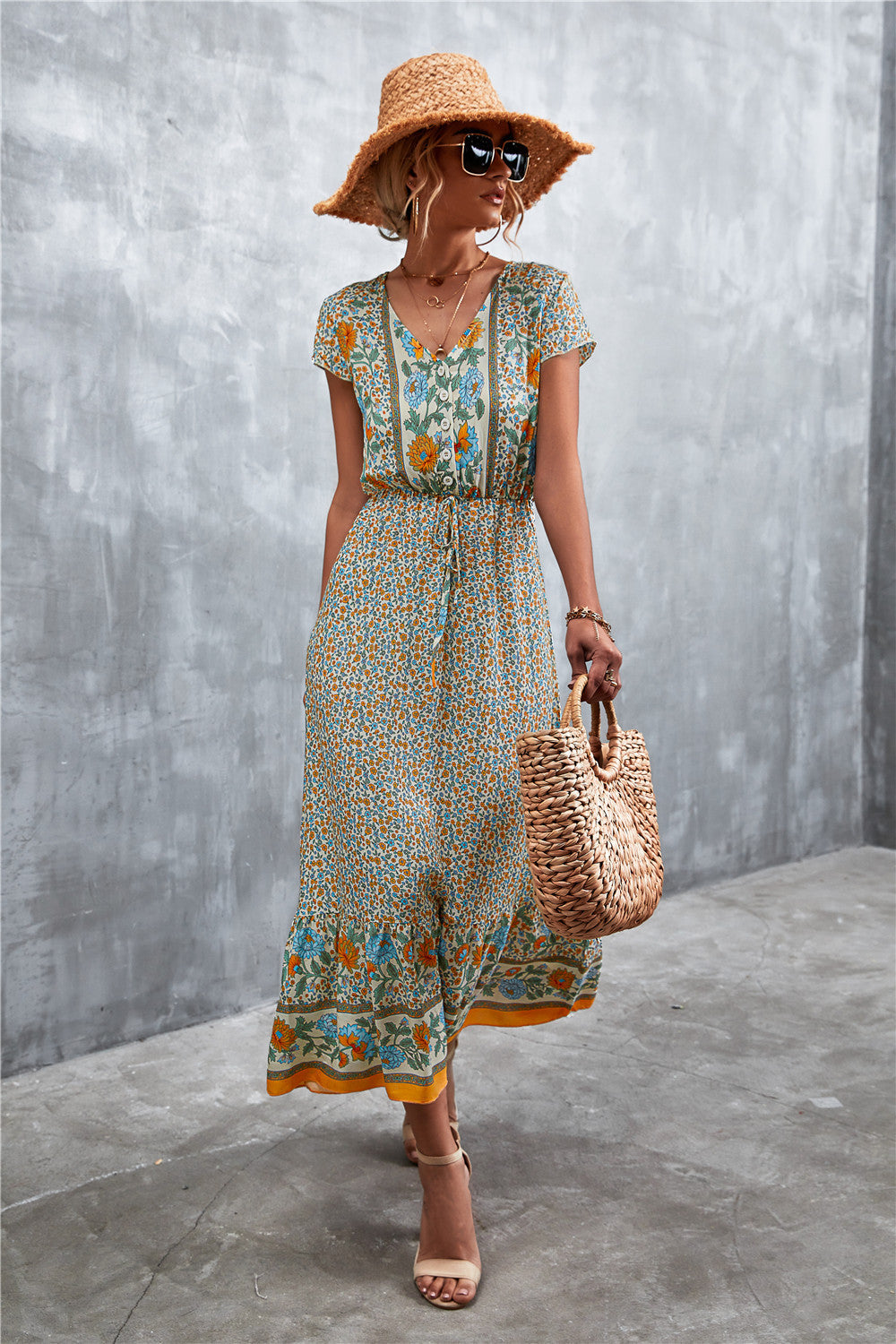 V-Neck Short Sleeve Printed Maxi Dress - Guy Christopher 