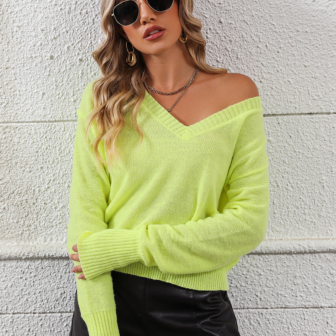 V-Neck Dropped Shoulder Long Sleeve Knit Top - Guy Christopher 