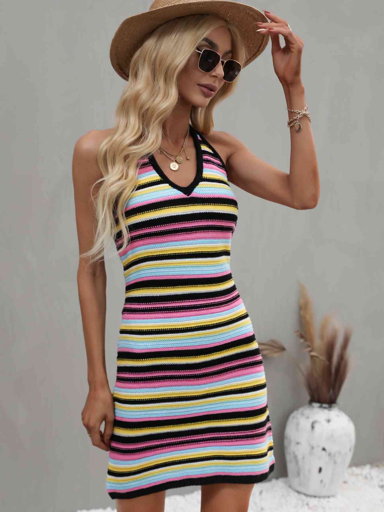 Striped Halter Neck Mini Sweater Dress - Guy Christopher 