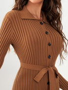 Collared Neck Button Up Ribbed Sweater Dress - Guy Christopher 