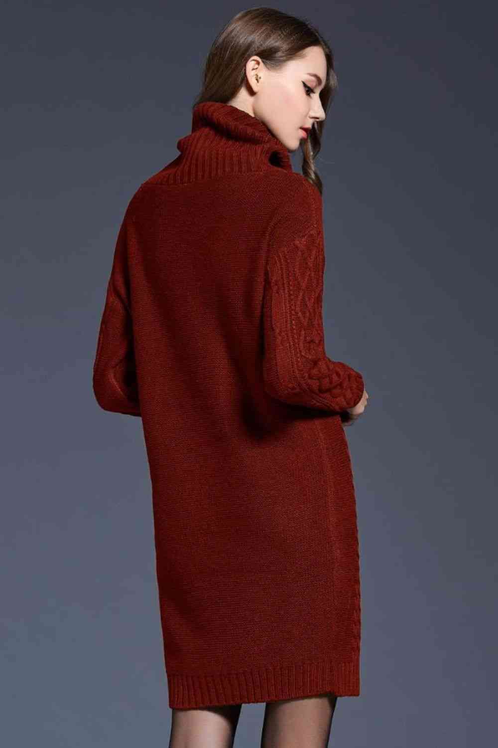 Woven Right Full Size Mixed Knit Cowl Neck Dropped Shoulder Sweater Dress - Guy Christopher 