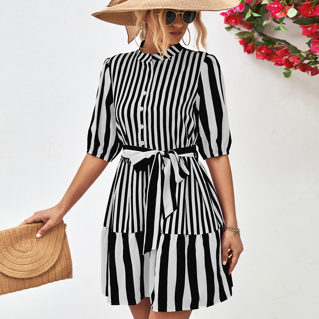 Striped Half Sleeve Tie Waist Mini Dress - Guy Christopher 