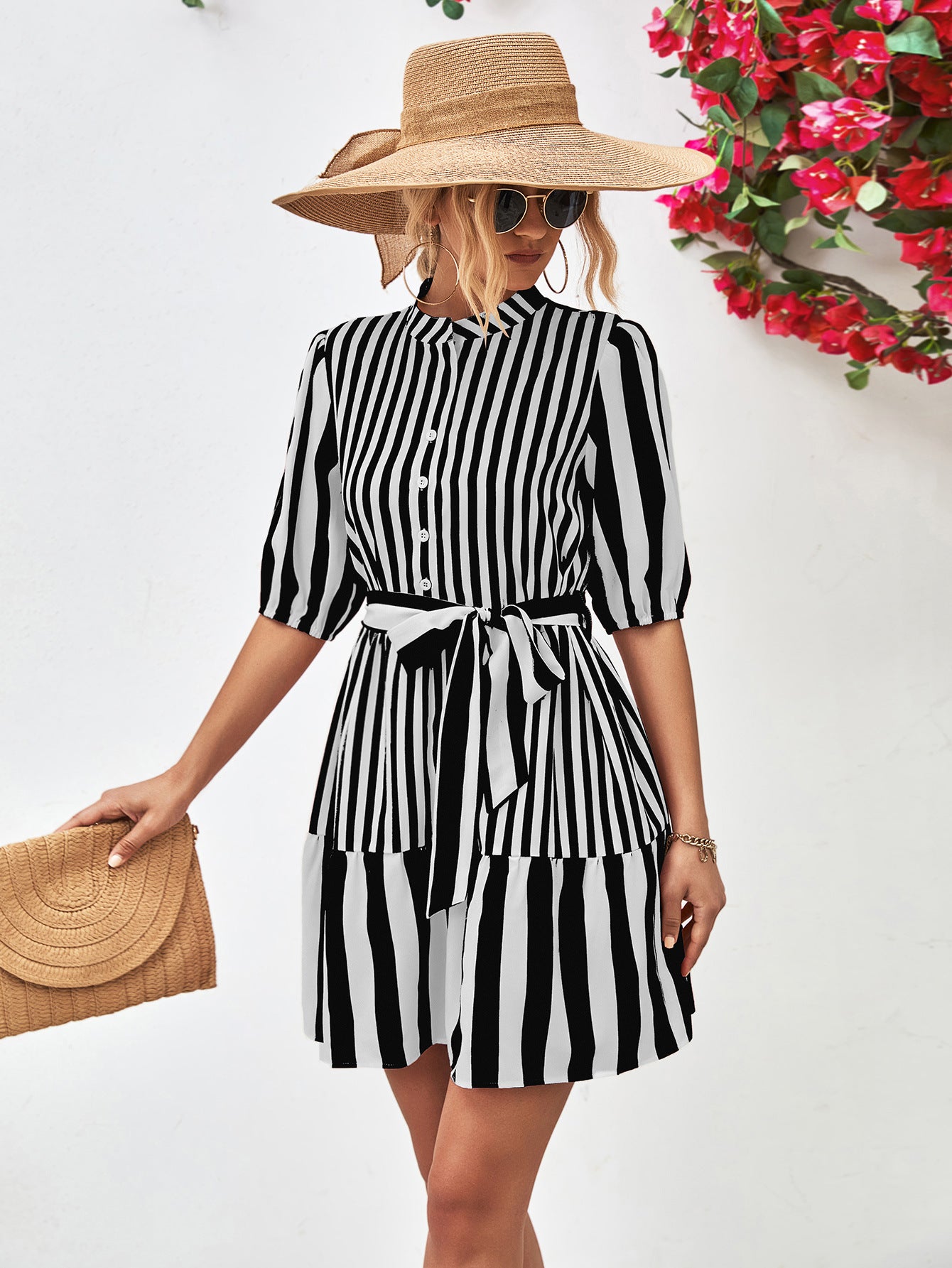 Striped Half Sleeve Tie Waist Mini Dress - Guy Christopher 