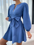 Round Neck Tie Waist Long Sleeve Mini Dress - Guy Christopher 