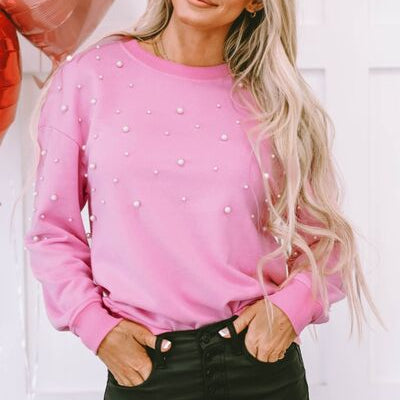 Pearl Round Neck Dropped Shoulder Sweatshirt