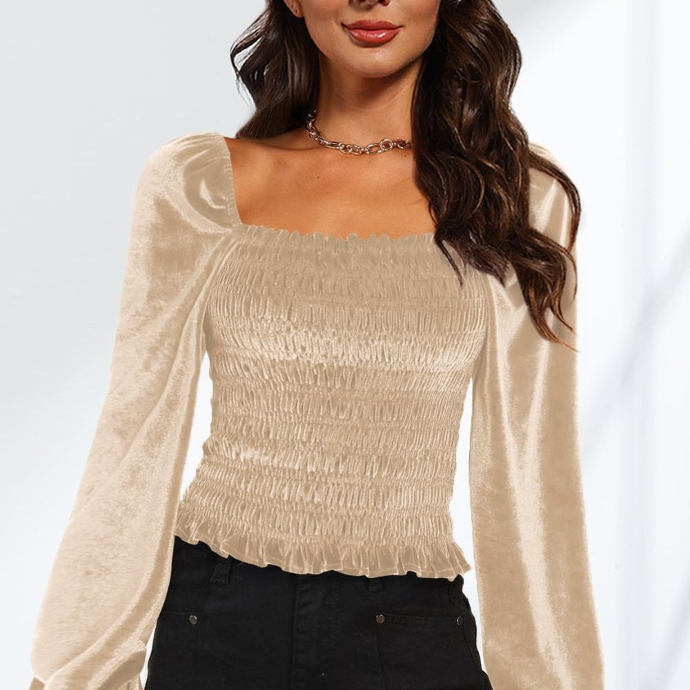 Smocked Square Neck Long Sleeve Blouse - Guy Christopher 