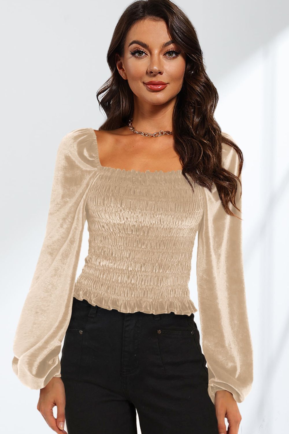 Smocked Square Neck Long Sleeve Blouse - Guy Christopher 