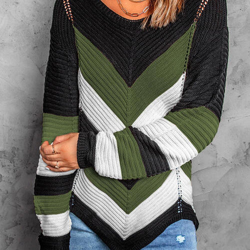 Eyelet Color Block Long Sleeve Sweater
