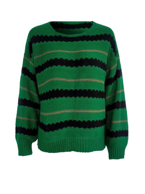 Striped Round Neck Long Sleeve Sweater - Guy Christopher 