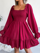 Smocked Flounce Sleeve Square Neck Dress - Guy Christopher 