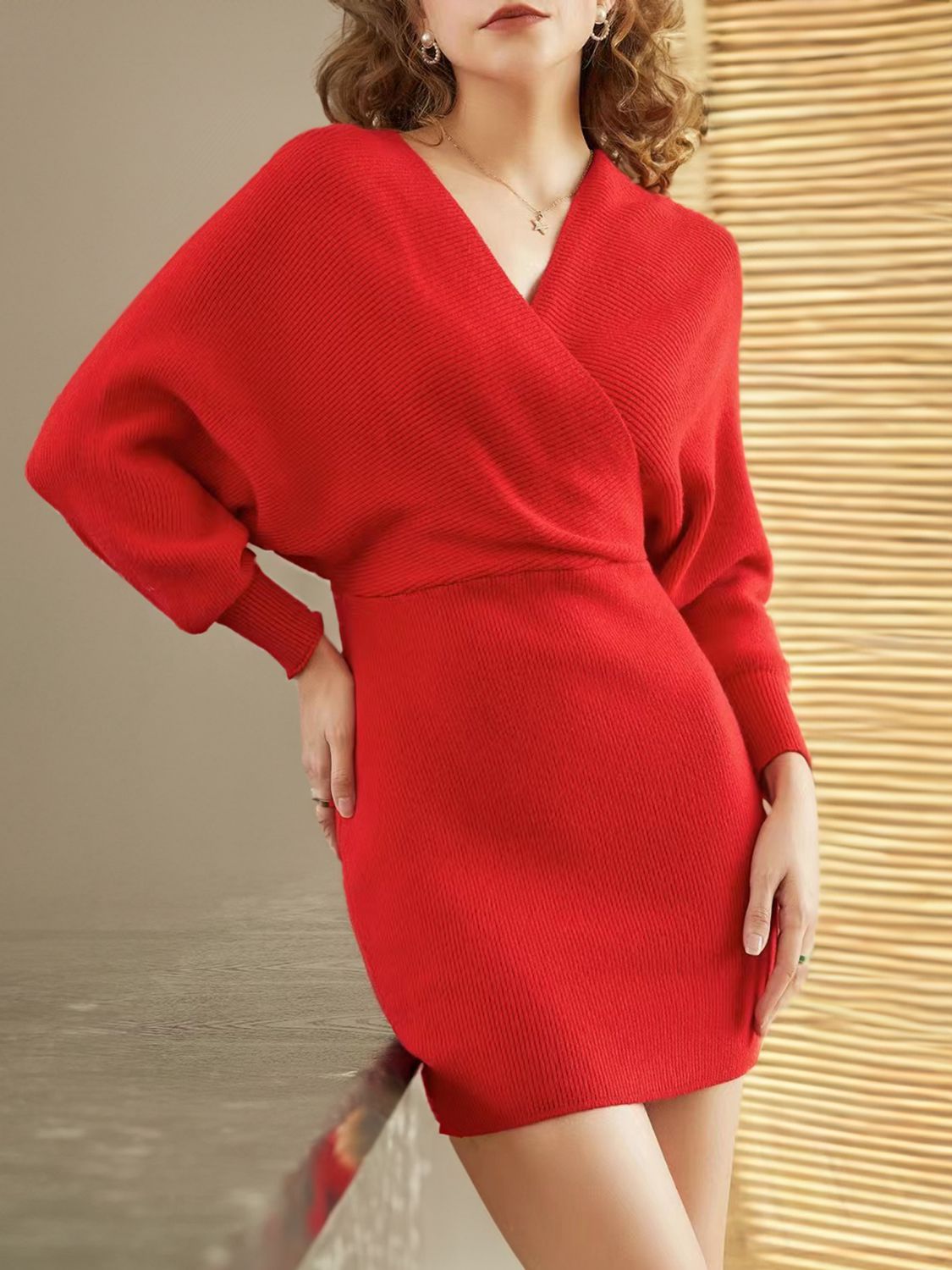 Surplice Neck Dolman Sleeve Sweater Dress - Guy Christopher 