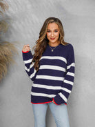 Striped Round Neck Dropped Shoulder Sweater - Guy Christopher 