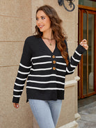 V-Neck Striped Dropped Shoulder Sweater - Guy Christopher 