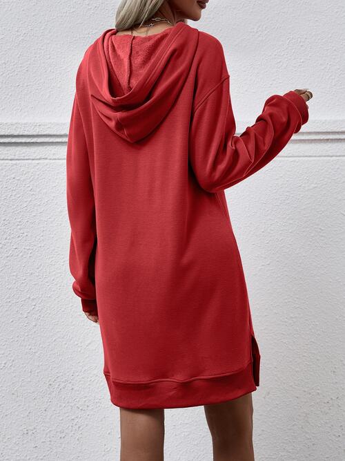 Slit Long Sleeve Hooded Dress with Pocket - Guy Christopher 